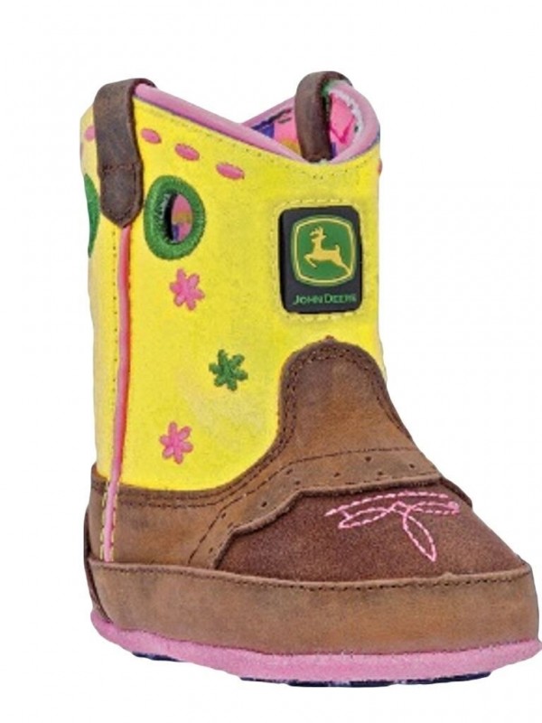 Johnny Popper Western Boots Baby Girls Brn/Yellow Pink Flowers Infant Size 3 (6-9 Months) JD0152