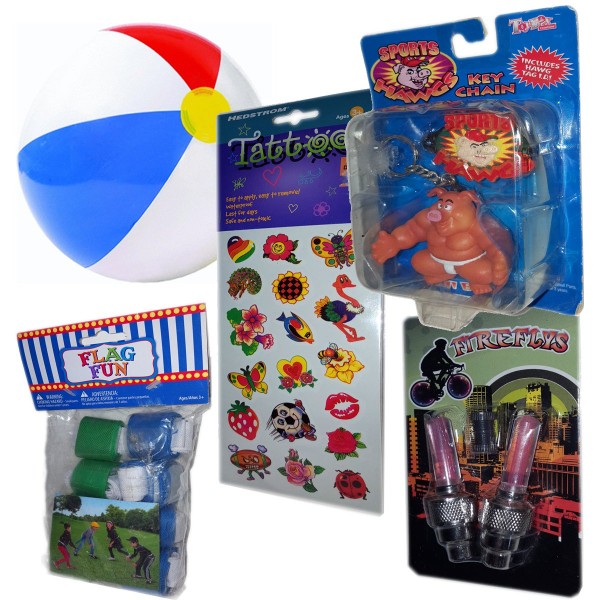 Intex Recreation 20 Glossy Panel Ball Inflatable Toys - Sports Hawgs Ichi Buns Key Chain - 18 Tattoos Sports, Butterflies, Animals, Fruit - Flag Fun - 8 Belts and 16 Flags - Fireflys Neon Pink LED Bicycle Tire Valve Stem LED Cap Lights, Bike Wheel Lights
