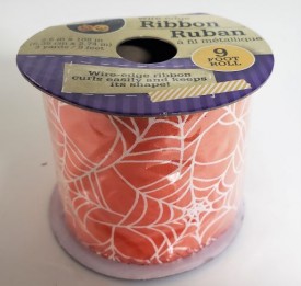 Halloween Spider Web Ribbon Orange/White Wire-edged 2.5" x 9'