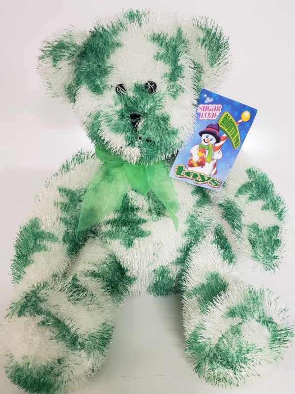Sugar Loaf North Pole Toys Christmas Tree Print Green White Teddy Bear 12" Sitting