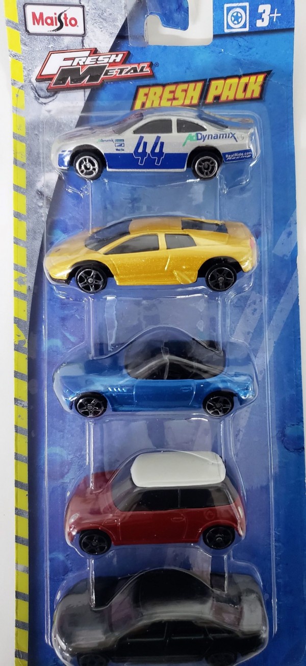 2016 Maisto Fresh Metal  Fresh 5 Pack 1:64 Scale Diecast Cars Includes Red Mini Cooper, Gold Lamborghini, Blue BMW, Black Mercedes