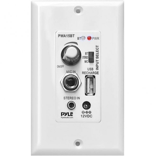 Pyle Bluetooth Receiver Wall Mount | In-Wall Audio Control Receiver with Built-in Amplifier | USB, Microphone, Aux (3.5mm) Input | Speaker Terminal Block | Connect 2 Speakers - 100 Watt (PWA15BT),White