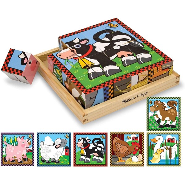 Melissa & Doug Farm Wooden Cube Puzzle With Storage Tray - 6 Puzzles in 1 (16 pieces)