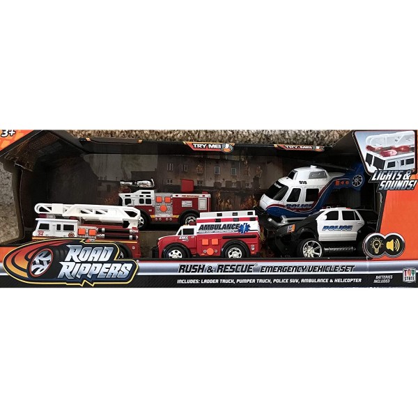 Road Rippers RUSH & RESCUE EMERGENCY VEHICLES Set w LIGHTS & SOUNDS & 5 Vehicles (FIRE TRUCK w LADDERS, Fire PUMPER TRUCK, AMBULANCE, HELICOPTER & POLICE SUV (2015)