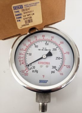 INDUSTRIAL GAUGES - TYPE 232.53- STOCK GAUGES WITH AMMONIA SCALES - 30"-0-300 PSI/ 126 F - SIZE 4"