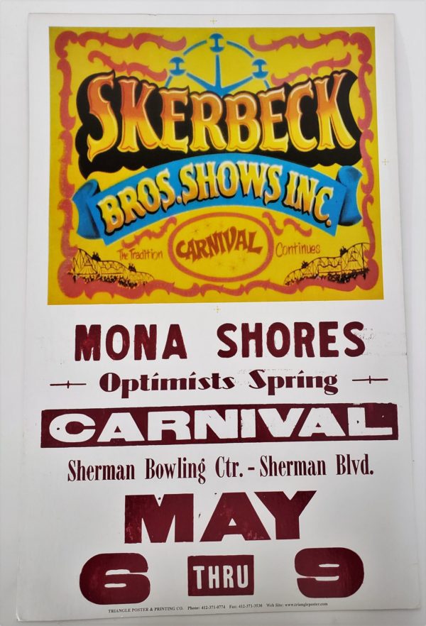 Original Retro Circus Poster - Skerbeck Bros. Shows Inc. Mona Shores Optimists Spring Carnival Sherman Bowling Center