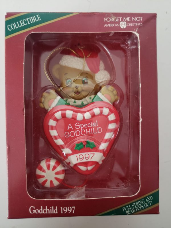 American Greetings Godchild 1997 Christmas Santa Bear Ornament w/ Pull String Action