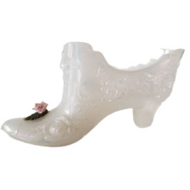 Vintage Collectible Fenton Iridescent White Cabbage Rose Art Glass Slipper