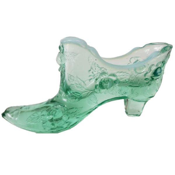 Vintage Collectible Fenton Green Cabbage Rose Art Glass Slipper