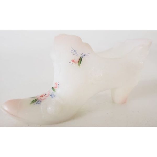 Vintage Collectible Fenton White Cabbage Rose Hand-painted Glass Slipper, Signed