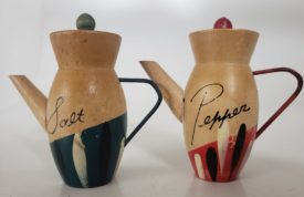 Vintage Foreign Wood Pitcher Green & Red Salt & Pepper Shakers