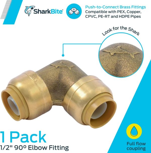 SharkBite 1/2 Inch 90 Degree Elbow, Push to Connect Brass Fitting, PEX Pipe, Copper, CPVC, PE-RT, HDPE, U248LFA