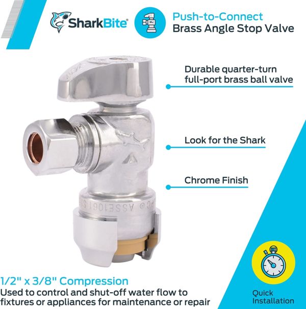 SharkBite 1/2 x 3/8 Inch Compression Angle Stop Valve, Quarter Turn, Push to Connect Brass Plumbing Fitting, PEX Pipe, Copper, CPVC, PE-RT, HDPE, 23036-0000LF