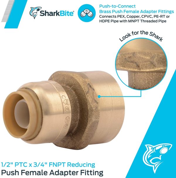 SharkBite U068LFA Female Reducing Adapter, 1/2 Inch x 3/4 Inch FNPT RT LF, Push-to-Connect, PEX, Copper, CPVC