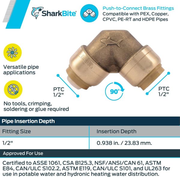 SharkBite 1/2 Inch 90 Degree Elbow, Push to Connect Brass Fitting, PEX Pipe, Copper, CPVC, PE-RT, HDPE, U248LFA