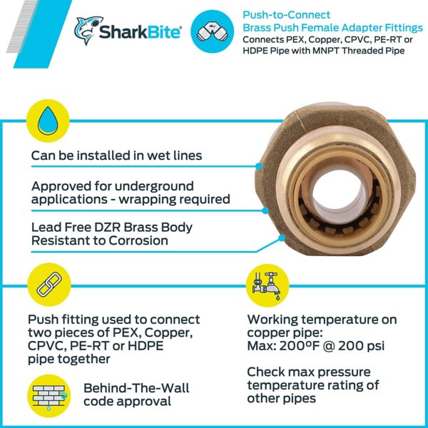 SharkBite U068LFA Female Reducing Adapter, 1/2 Inch x 3/4 Inch FNPT RT LF, Push-to-Connect, PEX, Copper, CPVC