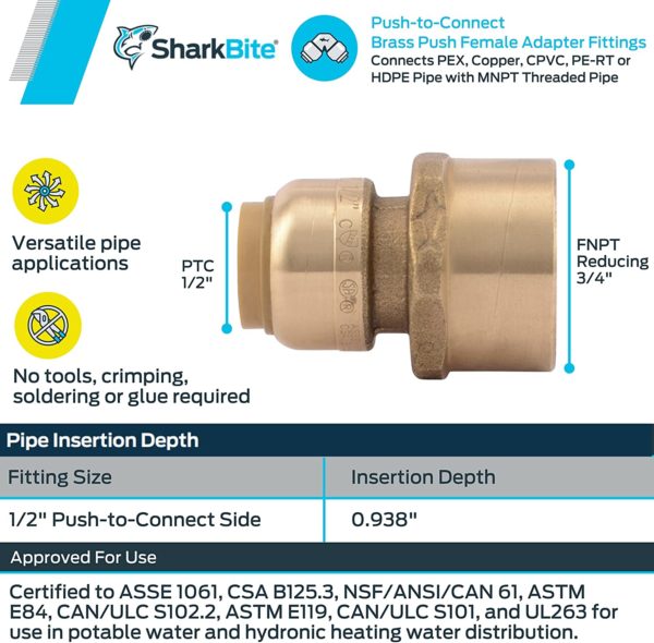 SharkBite U068LFA Female Reducing Adapter, 1/2 Inch x 3/4 Inch FNPT RT LF, Push-to-Connect, PEX, Copper, CPVC