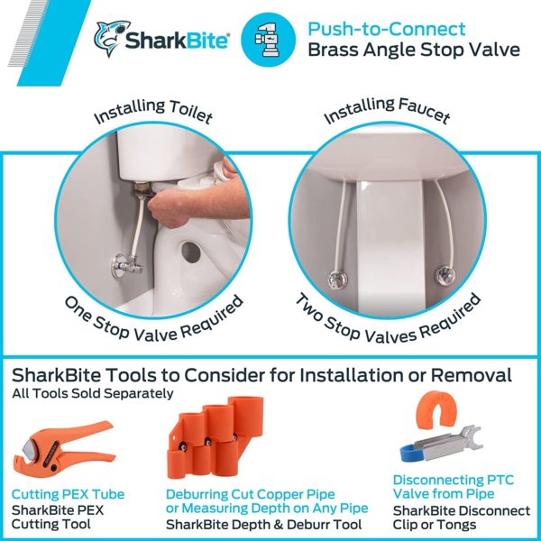 SharkBite 1/2 x 3/8 Inch Compression Angle Stop Valve, Quarter Turn, Push to Connect Brass Plumbing Fitting, PEX Pipe, Copper, CPVC, PE-RT, HDPE, 23036-0000LF