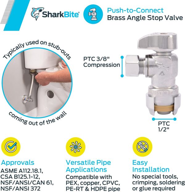 SharkBite 1/2 x 3/8 Inch Compression Angle Stop Valve, Quarter Turn, Push to Connect Brass Plumbing Fitting, PEX Pipe, Copper, CPVC, PE-RT, HDPE, 23036-0000LF