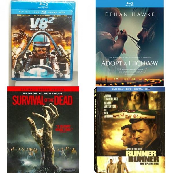 DVD Assorted Movies Blu-ray 4 Pack Fun Gift Bundle: V8 2 Revenge Of The Nitros  Adopt a Highway  Survival Of The Dead  Runner Runner