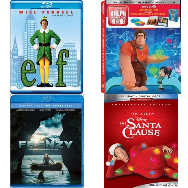 DVD Assorted Movies Blu-ray 4 Pack Fun Gift Bundle: Elf  Ralph Breaks the Internet Limited Edition Filmmaker Gallery & Storybook 4K Ultra HD + Blu-ray + Digital HD  Frenzy BD/ Combo   The Santa Clause