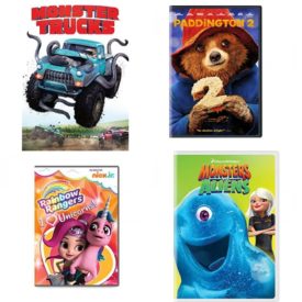 DVD Children's Movies 4 Pack Fun Gift Bundle: Monster Trucks, Paddington 2, Rainbow Rangers: I Heart Unicorns, Monsters vs. Aliens