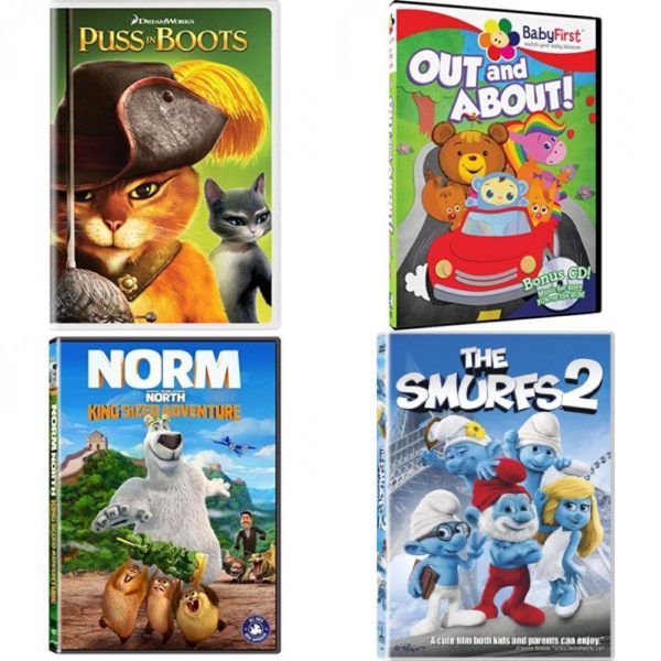 DVD Children's Movies 4 Pack Fun Gift Bundle: Puss in Boots, BabyFirst: Out and About - Entertainment on the Go!, Norm of the North: King Sized Adventure, The Smurfs 2