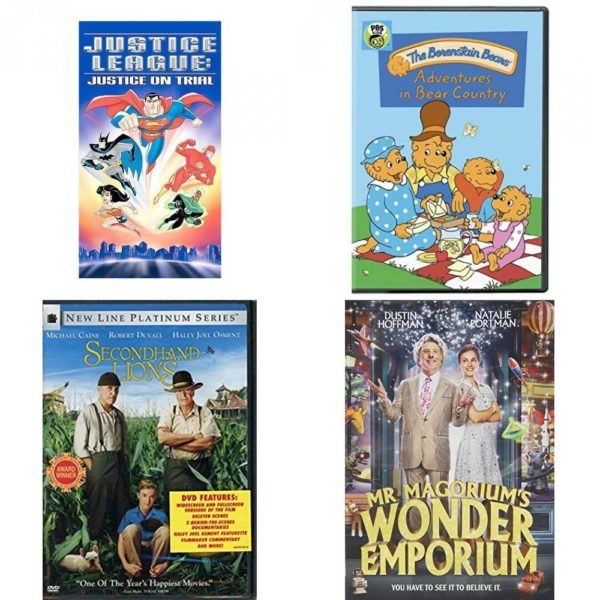 DVD Children's Movies 4 Pack Fun Gift Bundle: Justice League - Justice on Trial, Berenstain Bears: Adventures in Bear Country, SECONDHAND LIONS, Mr. Magoriums Wonder Emporium