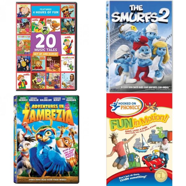 DVD Children's Movies 4 Pack Fun Gift Bundle: PBS KIDS: 20 Music Tales, The Smurfs 2, Adventures in Zambezia, Hooked on Phonics: Fun in Motion