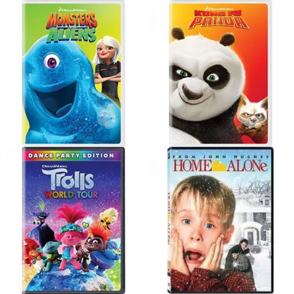 DVD Children's Movies 4 Pack Fun Gift Bundle: Monsters vs. Aliens, Kung Fu Panda, Trolls World Tour, Home Alone 1