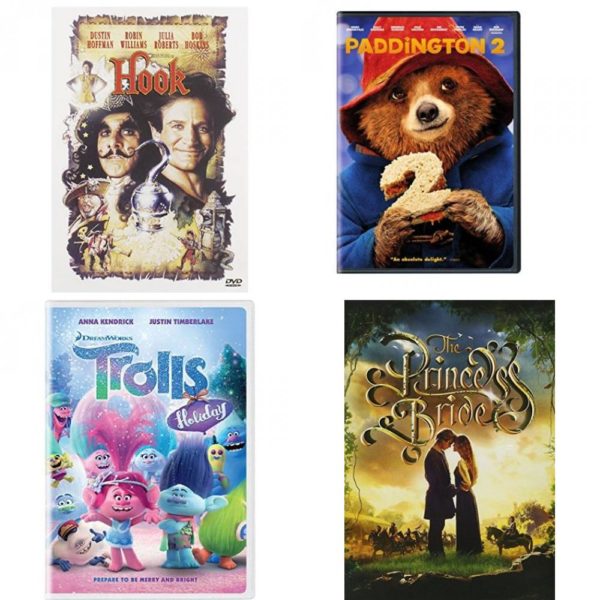 DVD Children's Movies 4 Pack Fun Gift Bundle: Hook, Paddington 2, Trolls Holiday, The Princess Bride