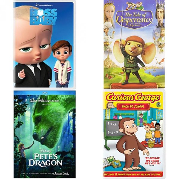 DVD Children's Movies 4 Pack Fun Gift Bundle: The Boss Baby, The Tale of Despereaux, Pete's Dragon, Curious George: Back to School