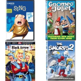 DVD Children's Movies 4 Pack Fun Gift Bundle: Sing, Gnomeo & Juliet, Black Arrow, The Smurfs 2