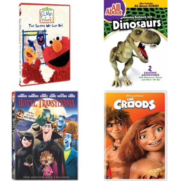 DVD Children's Movies 4 Pack Fun Gift Bundle: Sesame Street/Elmos World - The Street We Live On, All About Dinosaurs / All About Horses, Hotel Transylvania, The Croods