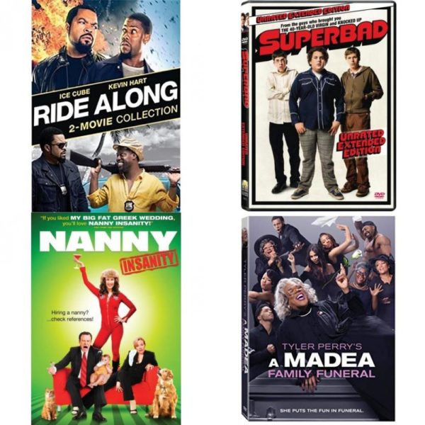 DVD Comedy Movies 4 Pack Fun Gift Bundle: Universal Studios Ride Along 2-Movie Collection  Superbad Unrated Widescreen Edition  Nanny Insanity  A Madea Family Funeral