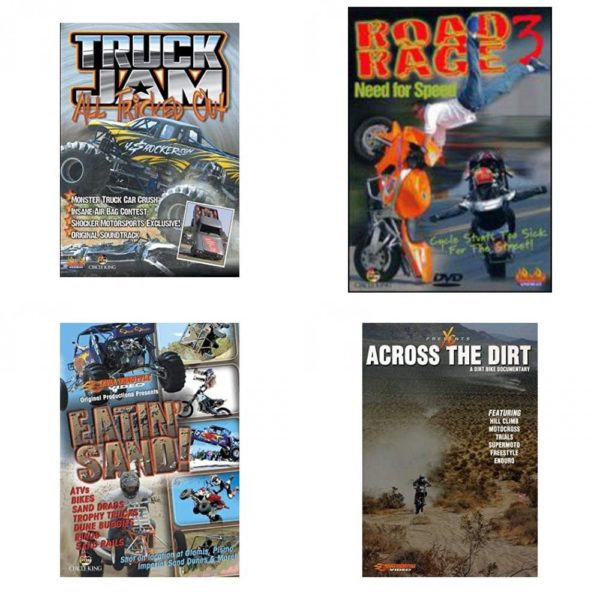 Auto, Truck & Cycle Extreme Stunts & Crashes 4 Pack Fun Gift DVD Bundle: Truck Jam: All Tricked Out  Road Rage Vol. 3 -  Need for Speed  Eatin Sand!  Across the Dirt: A Dirt Bike Documentary