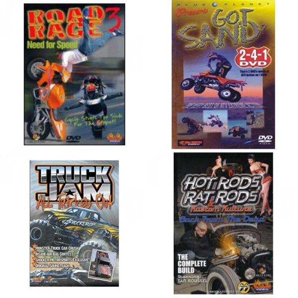 Auto, Truck & Cycle Extreme Stunts & Crashes 4 Pack Fun Gift DVD Bundle: Road Rage Vol. 3 -  Need for Speed  Got Sand? by Blue Planet  Truck Jam: All Tricked Out  Hot Rods, Rat Rods & Kustom Kulture: Back from the Dead - The Complete Build