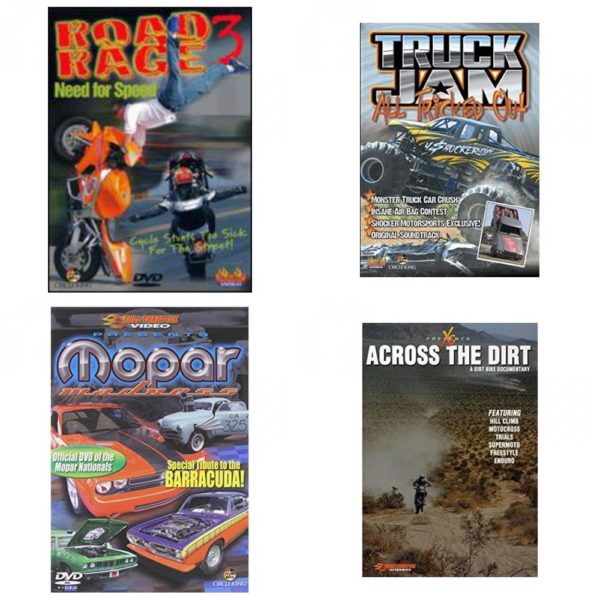 Auto, Truck & Cycle Extreme Stunts & Crashes 4 Pack Fun Gift DVD Bundle: Road Rage Vol. 3 -  Need for Speed  Truck Jam: All Tricked Out  Mopar Madness  Across the Dirt: A Dirt Bike Documentary