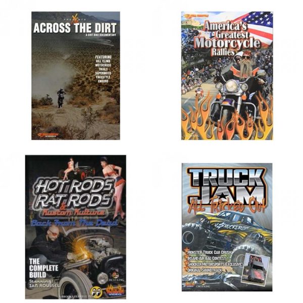 Auto, Truck & Cycle Extreme Stunts & Crashes 4 Pack Fun Gift DVD Bundle: Across the Dirt: A Dirt Bike Documentary  Americas Greatest Motorcycle Rallies  Hot Rods, Rat Rods & Kustom Kulture: Back from the Dead - The Complete Build  Truck Jam: All Tricked Out