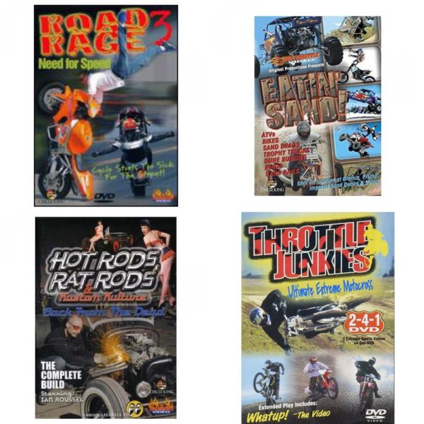 Auto, Truck & Cycle Extreme Stunts & Crashes 4 Pack Fun Gift DVD Bundle: Road Rage Vol. 3 -  Need for Speed  Eatin Sand!  Hot Rods, Rat Rods & Kustom Kulture: Back from the Dead - The Complete Build  Throttle Junkies