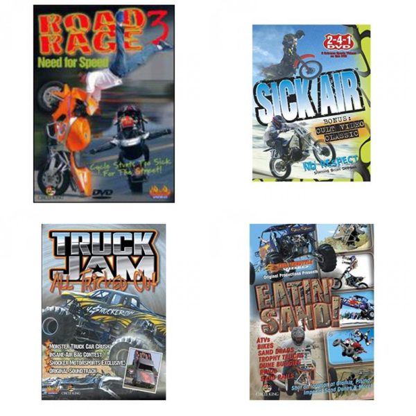 Auto, Truck & Cycle Extreme Stunts & Crashes 4 Pack Fun Gift DVD Bundle: Road Rage Vol. 3 -  Need for Speed  Sick Air  Truck Jam: All Tricked Out  Eatin Sand!