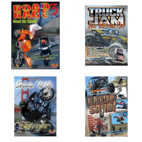 Auto, Truck & Cycle Extreme Stunts & Crashes 4 Pack Fun Gift DVD Bundle: Road Rage Vol. 3 -  Need for Speed  Truck Jam: All Tricked Out  Servin It Up  Eatin Sand!