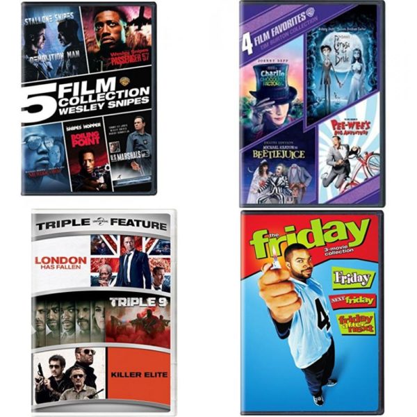 DVD Assorted Multi-Feature Movies 4 Pack Fun Gift Bundle: 5 Movies: Wesley Snipes Collection    4 Movies: Tim Burton Collection  3 Movies: London Has Fallen / Triple 9 / Killer Elite   3 Movies: Friday 1-3 Collection