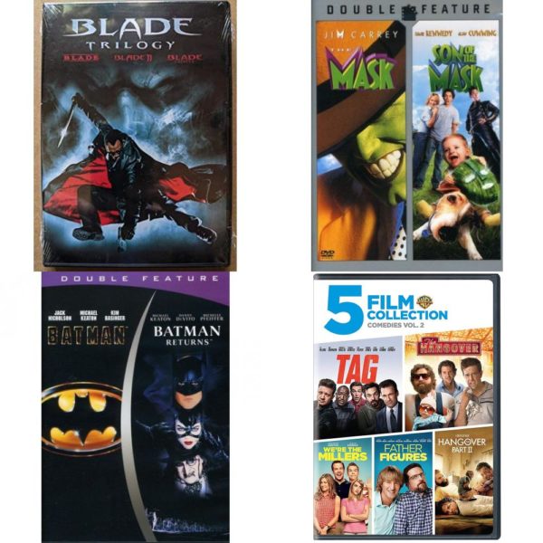 DVD Assorted Multi-Feature Movies 4 Pack Fun Gift Bundle: 3 Movies: Blade Trilogy  2 Movies: The Mask / Son of the Mask   2 Movies: Batman/Batman Returns  5 Movies: Comedy Collection