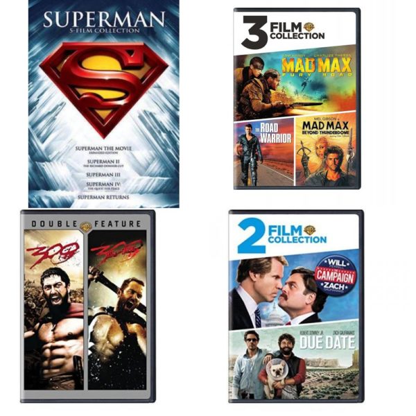 DVD Assorted Multi-Feature Movies 4 Pack Fun Gift Bundle: 5 Movies: Superman Collection  3 Movies: Mad Max  Fury Road, Road Warrior, Beyong Thunderdome  2 Movies: 300 / 300: Rise of an Empire   2 Movies: The Campaign / Due Date