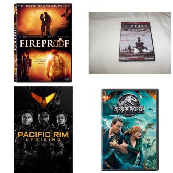 DVD Assorted Movies 4 Pack Fun Gift Bundle: Fireproof, Victory At Sea Volume 1, Pacific Rim Uprising, Jurassic World: Fallen Kingdom