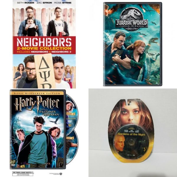 DVD Assorted Movies 4 Pack Fun Gift Bundle: Neighbors: 2-Movie Collection, Jurassic World: Fallen Kingdom, Harry Potter and the Prisoner of Azkaban, Gardens of the Night