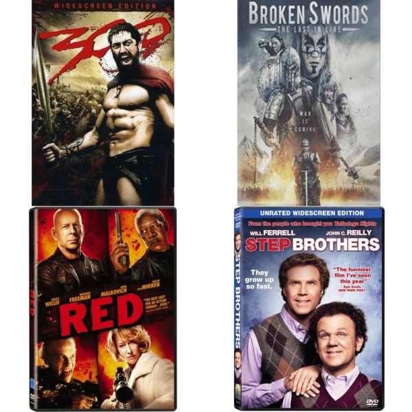 DVD Assorted Movies 4 Pack Fun Gift Bundle: 300, Broken Swords: The Last In Line, Red, Step Brothers