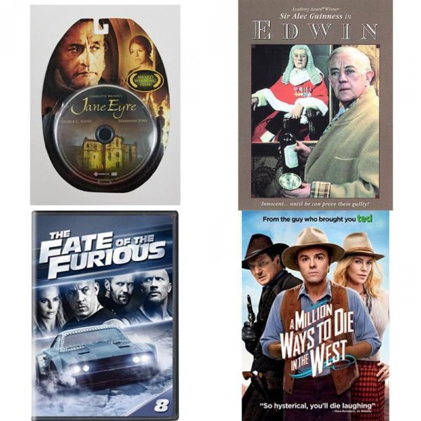 DVD Assorted Movies 4 Pack Fun Gift Bundle: Jane Eyre, Sir Alec Guinness in Edwin, The Fate of the Furious, A Million Ways to Die in the West