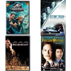 DVD Assorted Movies 4 Pack Fun Gift Bundle: Jurassic World: Fallen Kingdom, Star Trek IV: The Voyage Home, Seabiscuit, Freedom Writers
